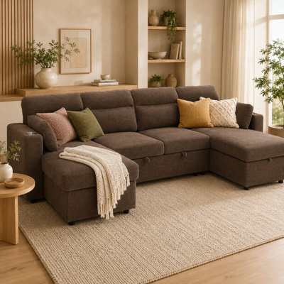 Canapé-lit modulaire en U convertible Velnorise avec chaises de rangement doubles, plateforme-lit escamotable, porte-gobelets intégrés en acier inoxydable, 2 coussins lombaires, coussins de dossier