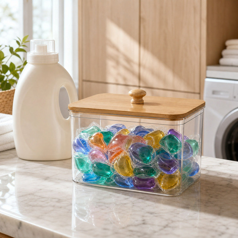 Boîte de rangement en plastique pour dosettes de lessive avec couvercle, idéale pour la buanderie, la cuisine ou la salle de bain.