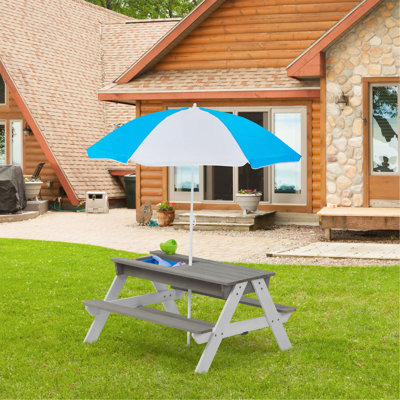 Wooden Kids Picnic Table/ Sand And Water Table With Umbrella/ Activity Table For Outdoor Backyard Patio Play