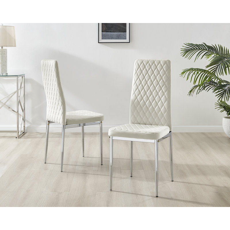 Marietta Chrome Metal and White High Gloss Dining Table Set - 4 Luxury Velvet Dining Chairs, Cream/Silver