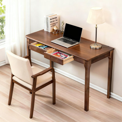 Bureau debout avec bords lisses et rangement à double tiroir, Mid-Century moderne en bois massif pour bureau, chambre à coucher, salon, bureau, noyer, tiroirs de 48,01 po x 22,25 po x 29,87 po, petite maison