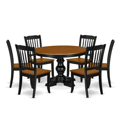 7-Piece Solid Wood Kitchen Set Consists a Oval Dining Table with Extension Leaf and Pedestal Legs, 6 Wooden Chairs, Slatted Back, Easy Assemble, Black Finish