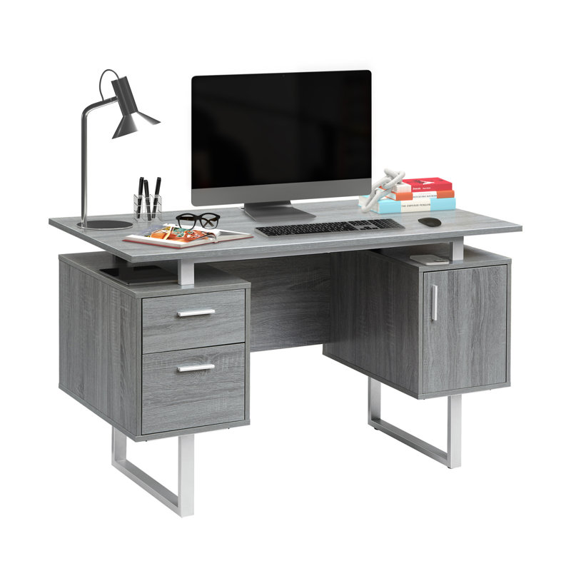 51'' Floating Rectangle Computer Desk with Drawers and Storage Cabinet, Gray