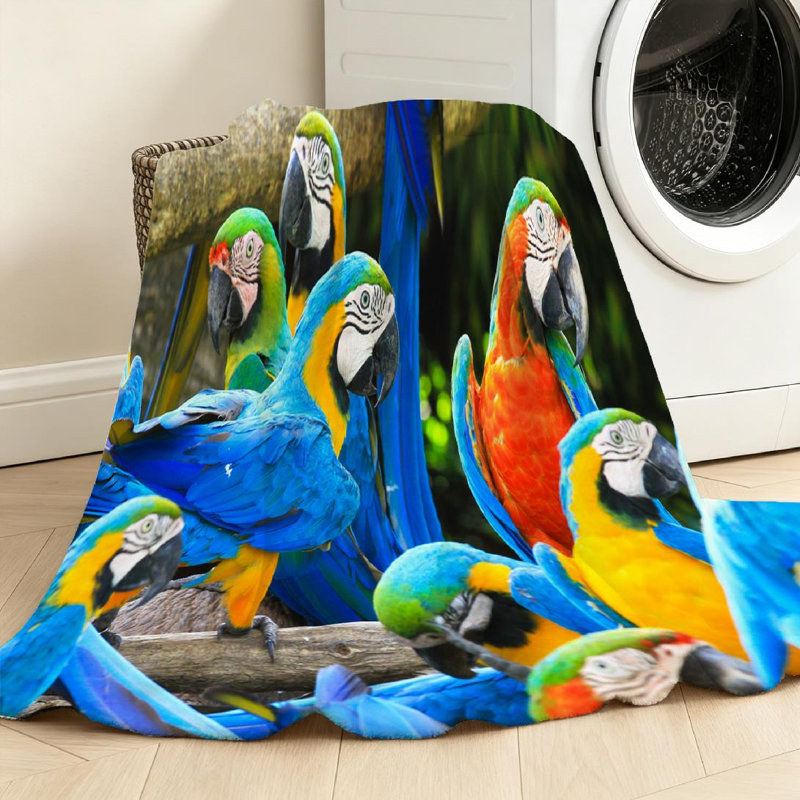 Jeté en flanelle bleue ultra douce, imprimé oiseau perroquet coloré d'un côté, Throw 50" x 60"