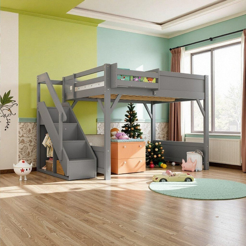Lit mezzanine simple / double en bois massif avec garde-robe et tablettes intégrées, Gris, Lit double