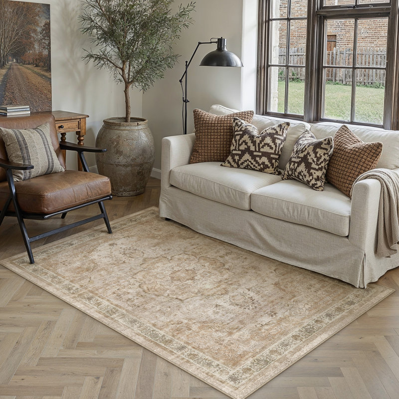 Tapis lavable Aurea Vintage à médaillon vieilli avec envers antidérapant, Beige, Rectangulaire 3 pi x 5 pi