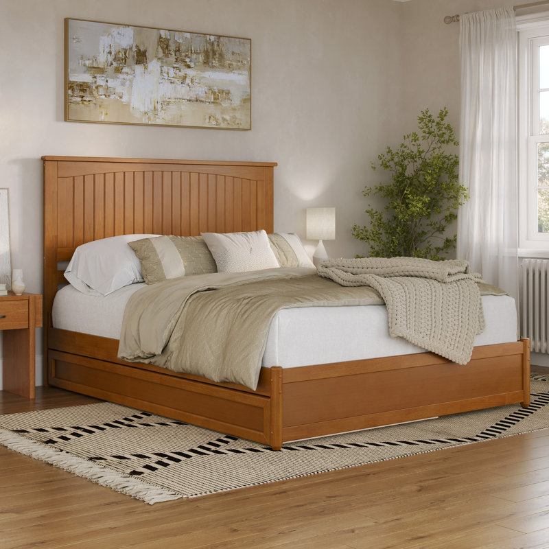 Darlean Solid Wood Trundle Platform Bed with Footboard & Roll Out Trundle, Queen, Light Toffee