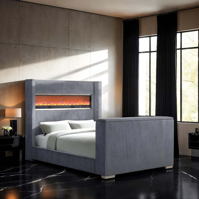 Lit moderne innovant avec télé-élévateur et foyer 3D, King, Gris