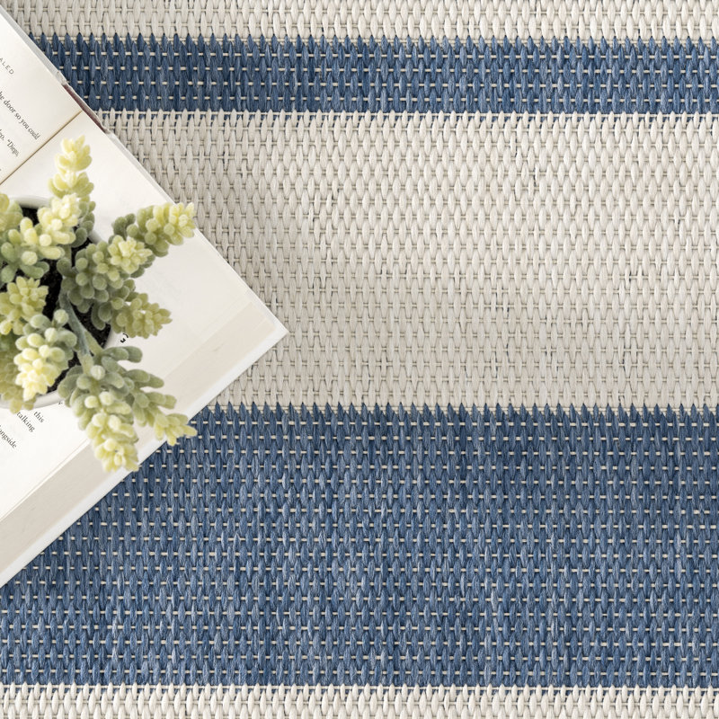Soraya Power Loom Striped Blue Indoor/Outdoor Patio Rug, Rectangle 2' x 3'