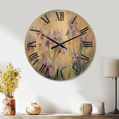 Extra Large Botanical Non-Ticking Wood Wall Clock – Irises Country Charm