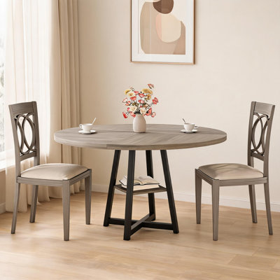 Table de salle à manger ronde de style industriel moderne, plateau en bois de 119 cm, pieds en métal robustes, tablette de rangement peu encombrante