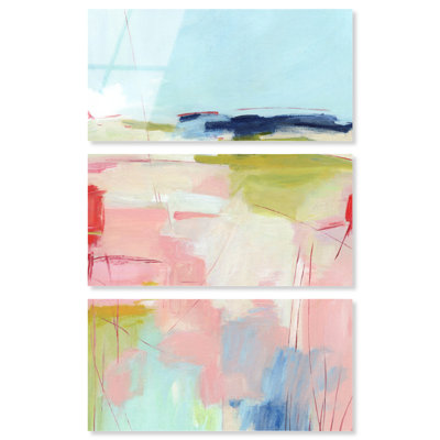 Soft Fields - Ira Comleva, grande estampe abstraite en trois parties sur acrylique, format surdimensionné, par Art Remedy, prête à accrocher, 40 x 20 pouces.