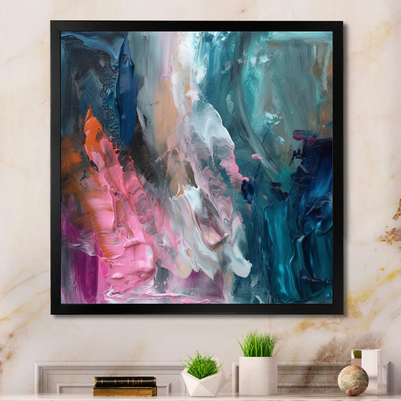 Demeko moderne bleu et rose abstrait - art mural abstrait, H 30 po x l 30 po, Impression encadrée, Noir