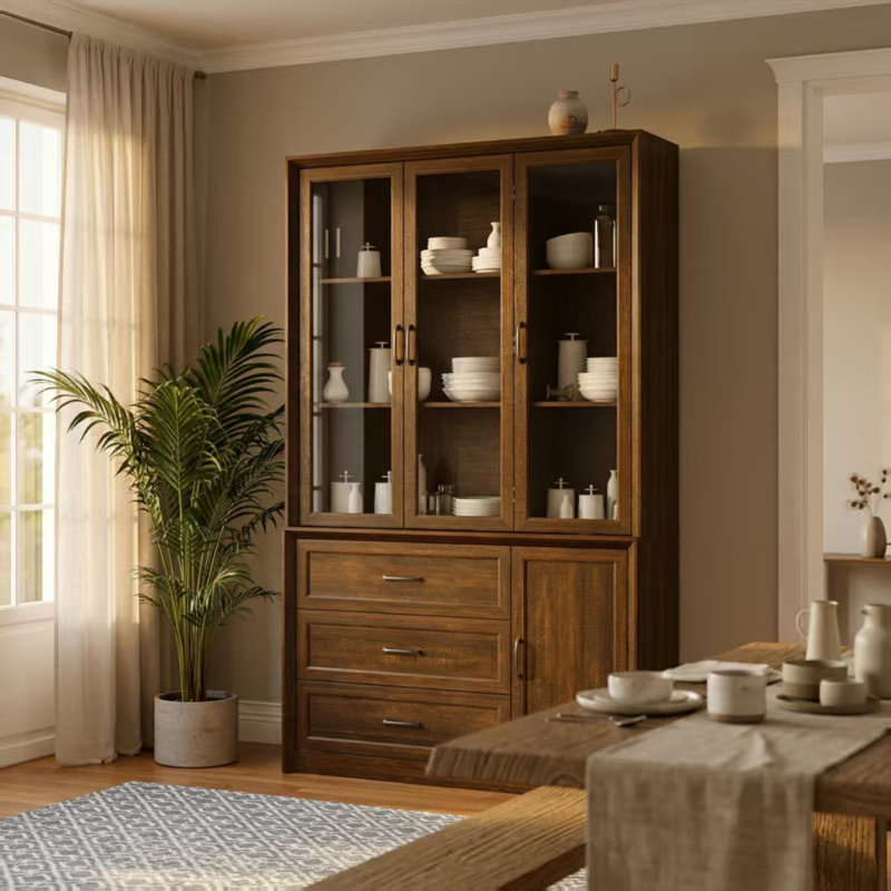 Thickened Wood Grain Dining Cabinet With Glass Door Cabinet + 3 Drawers, Espresso Wood