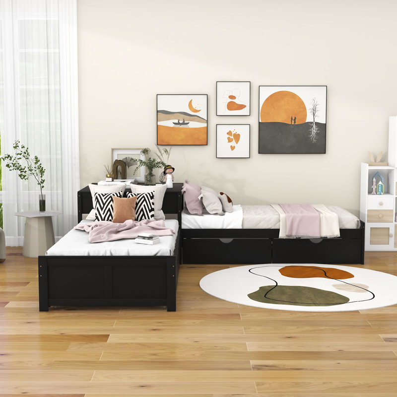 Twin Size 2 Drawers L-shaped Platform Beds with Trundle and Built-in Table, Espresso