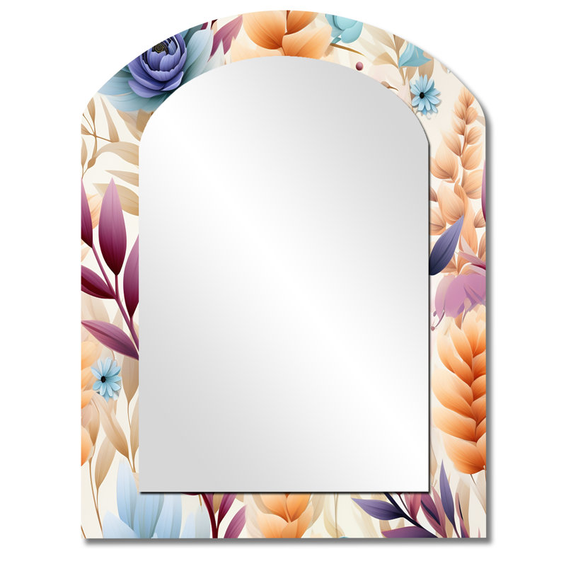 Motif de fougères pastel bohémien - miroir mural à arche florale, miroir décoratif asymétrique rose, impression d'art en métal