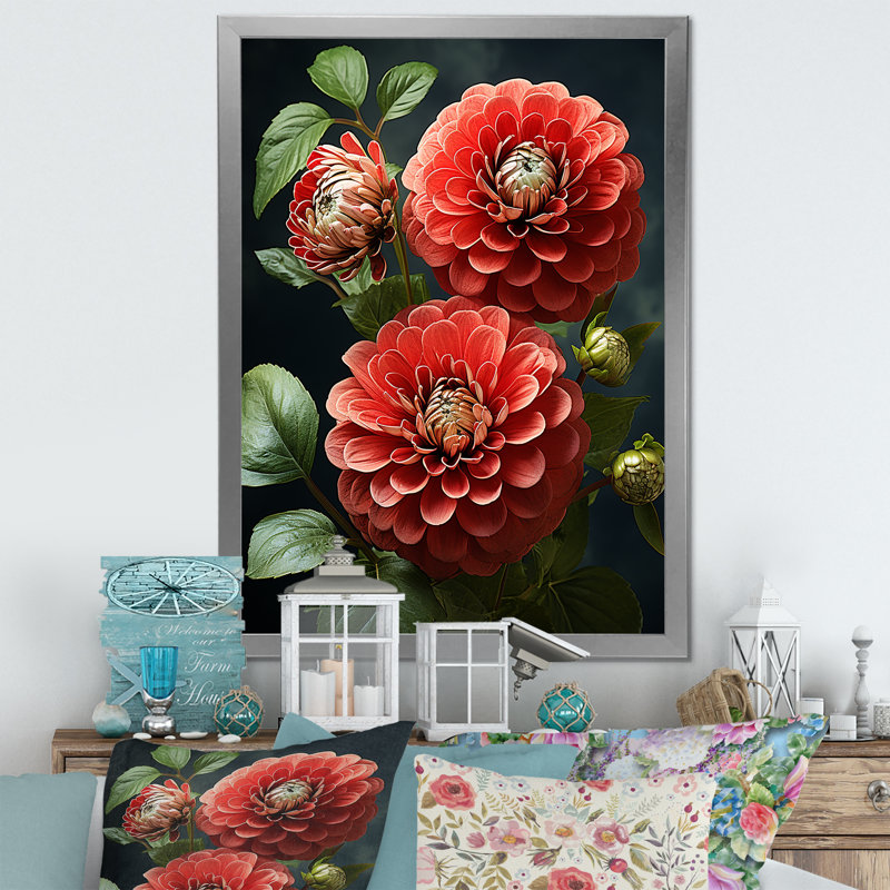 «Red Beautiful Zinnias Blooms III», Cadre simple argenté, H 32 po x l 16 po x P 1 po