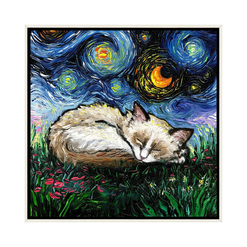 Sleepy Ragdoll Kitten Night, Distressed White Floater Framed Canvas, 37" H x 37" W x 1.5" D, No Mat
