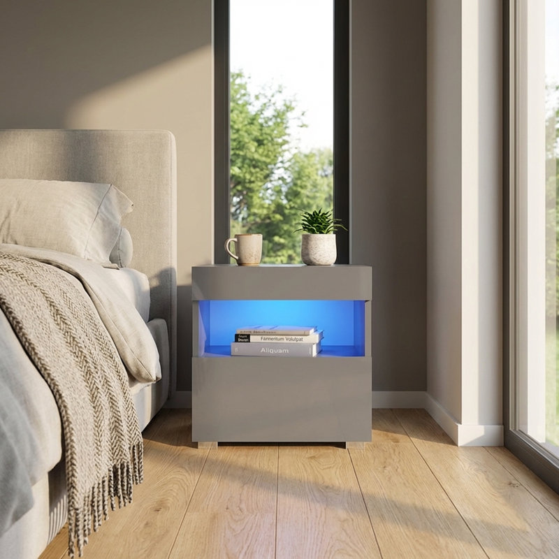 Aquilar 20" Nightstand with 16-Color LED Lighting, High Gloss Finish, Wall-Mounted, Gray