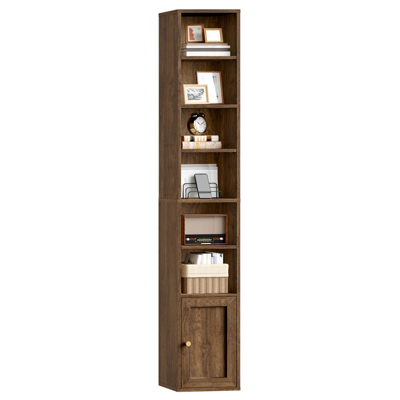 Bibliothèque étroite 70,9 po de hauteur avec armoire de rangement, bibliothèque d'angle à 7 niveaux avec tablettes réglables