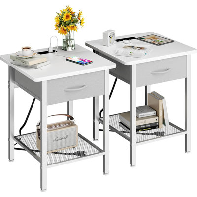 Nightstands Set Of 2 With Charging Station And Fabric Storage Drawer,16.5" X 15.8" Side Table With Storage For Bedroom, Bedside Tables With Steel Fram