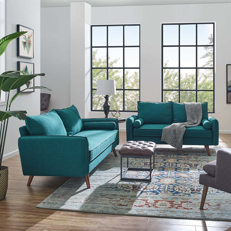 Revive Upholstered Fabric Sofa And Loveseat Set In Beige, Teal Plainweave