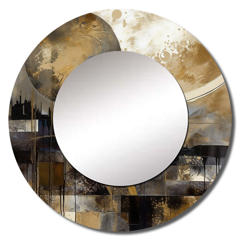 Soroosh Exploring The Evolving Golden Moon II - Landscape Large Mirror, Gold Round Unique Wall Mirror Decor, Printed Metal Art