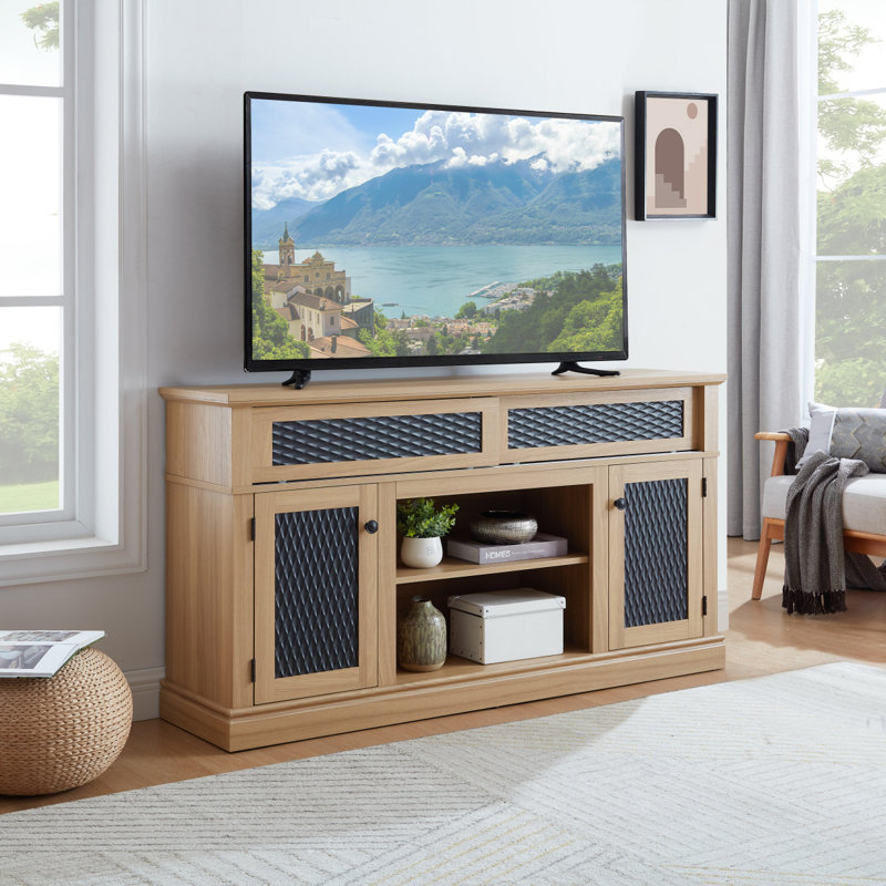 Meuble télé et console multimédia à motif en relief avec espace de rangement ouvert et fermé et porte coulissante