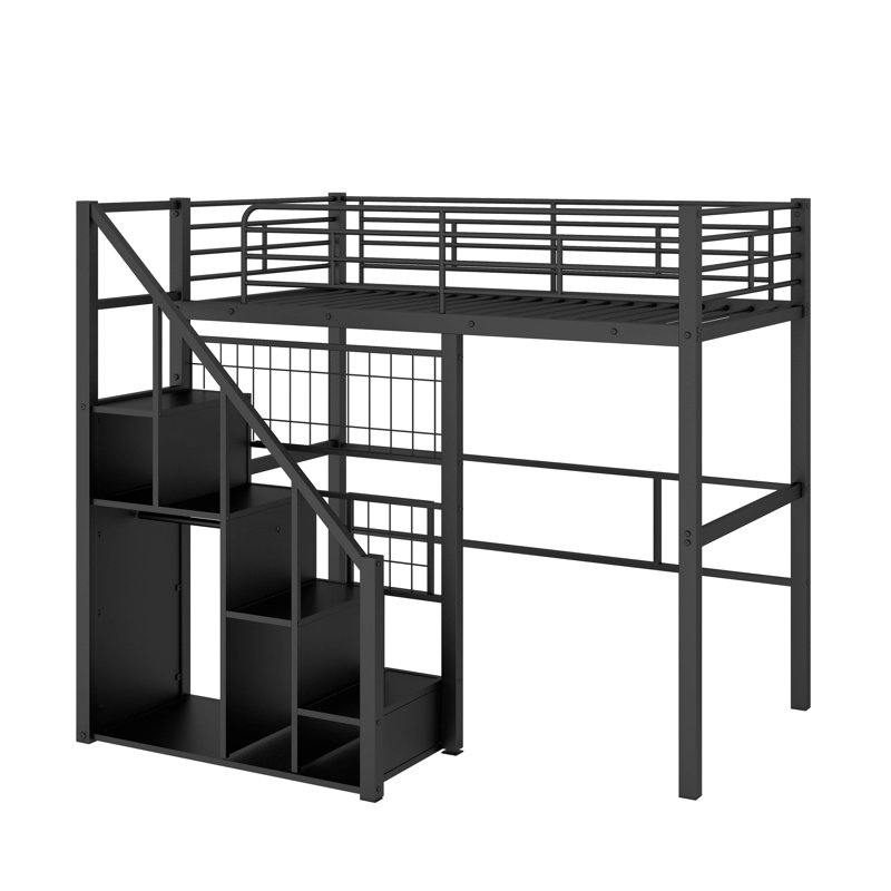 Lit mezzanine simple en métal avec escalier de rangement et garde-robe, Noir