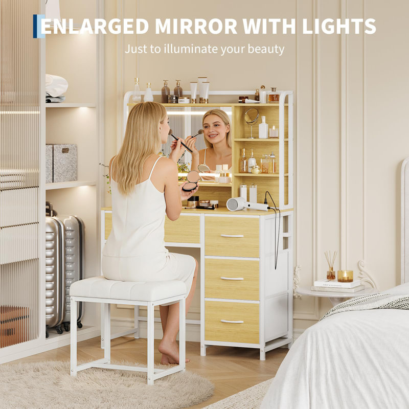 Modern Vanity Desk with Square Mirror, 35.4" Makeup Table with Shelves and 4 Fabric Drawers for Bedroom, Beige