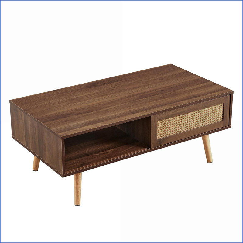 Table basse en noyer PE en rotin avec rangement pour porte coulissante, facile à nettoyer et amp; Pieds robustes en bois massif