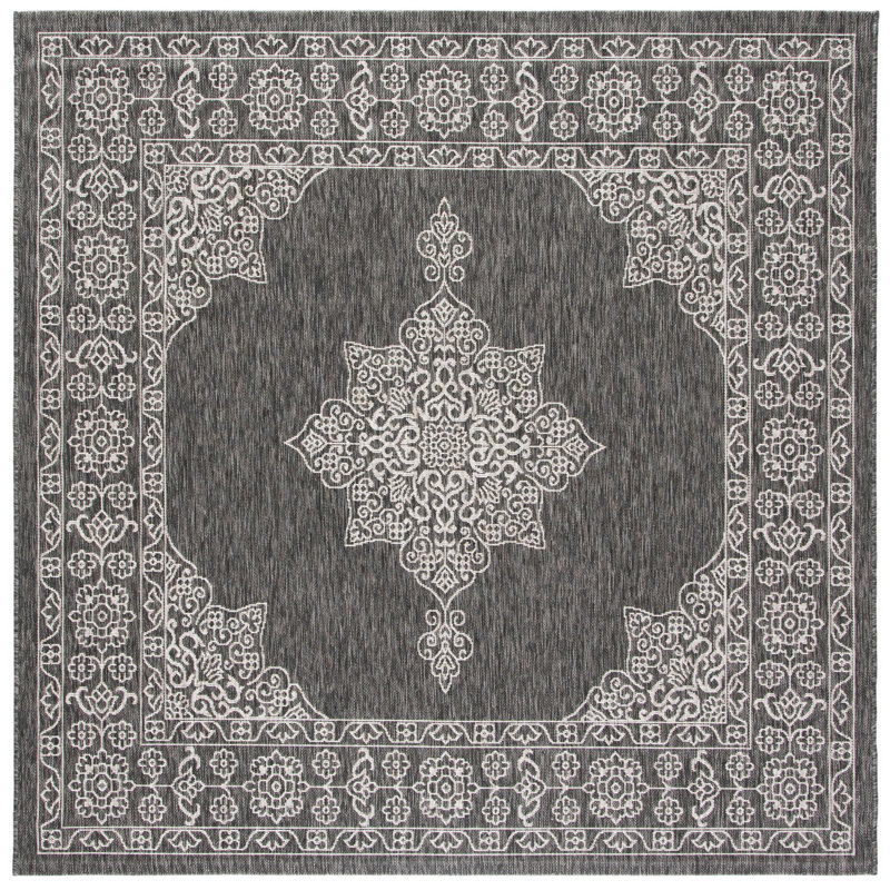 Tapis brun et brun clair pour l'intérieur et l'extérieur à motif floral Arneshia, Carré 6 pi 7 po