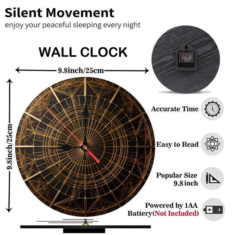 Horloge murale ronde en bois 10 po, mouvement à quartz silencieux, imprimé UV, à piles, Lignes mixtes