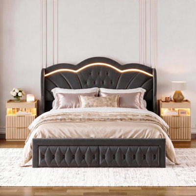3-Piece Bedroom Sets, Upholstered LED Bed, Princess Wingback Bed Frame With Drawers & USB LED Nightstand Set