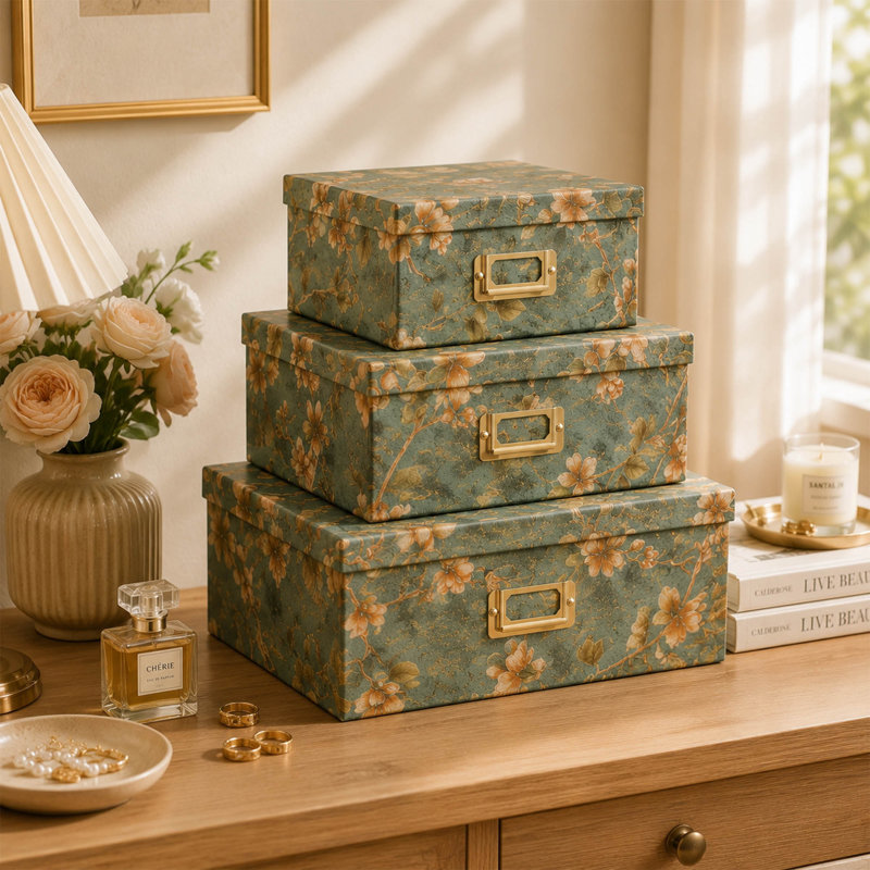 Ensemble de boîtes de rangement décoratives, boîtes en carton botaniques avec couvercles et porte-étiquettes pour photos et souvenirs (ensemble de 3)