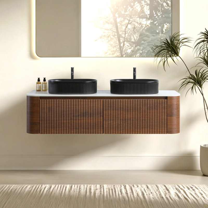 Meuble-lavabo de 60 po avec lavabo, armoire murale en noyer avec porte-serviettes gratuit, conception de deux lavabos en céramique rayés ovales noirs, sans drain et robinet, pré-assemblé