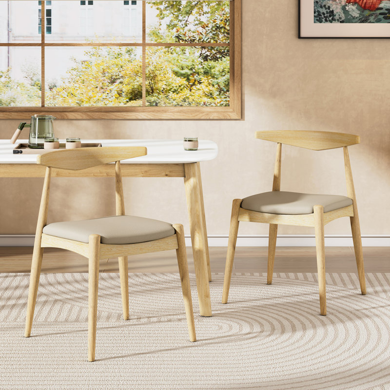 Mid-Century Modern Rubberwood Dining Chairs with Faux Leather Upholstery, Light Gray Cushion/Natural Frame