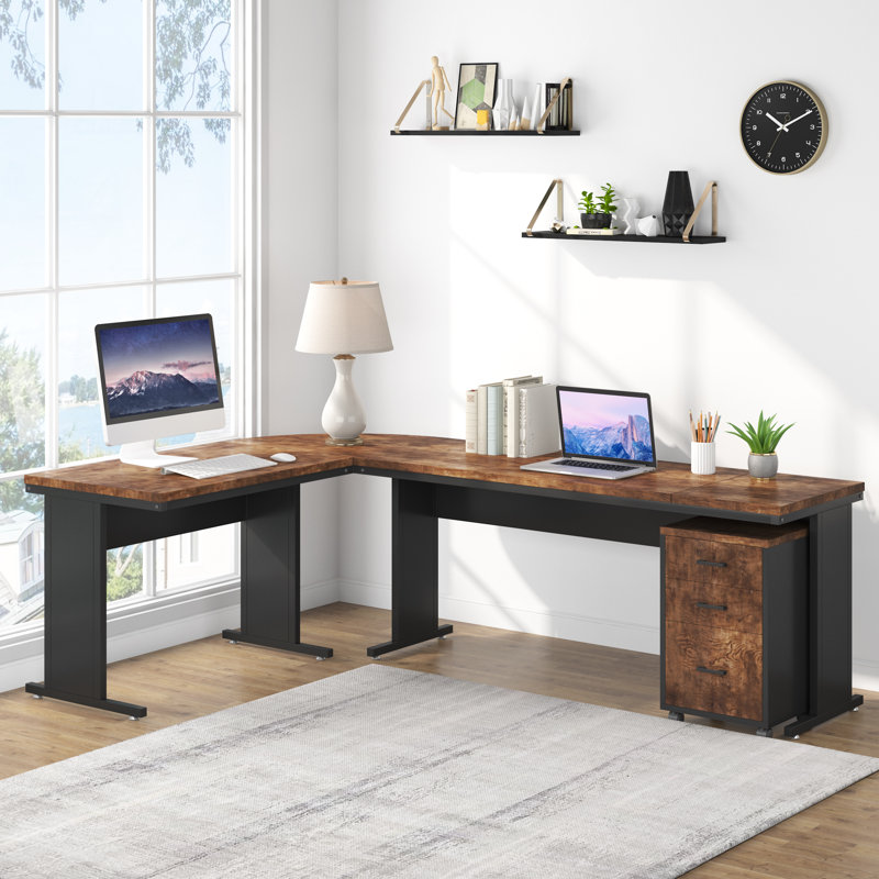 83" Reversible L-Shaped Desk With Rolling File Cabinet & Drawers - Large Executive Corner Desk, Home Office Workstation