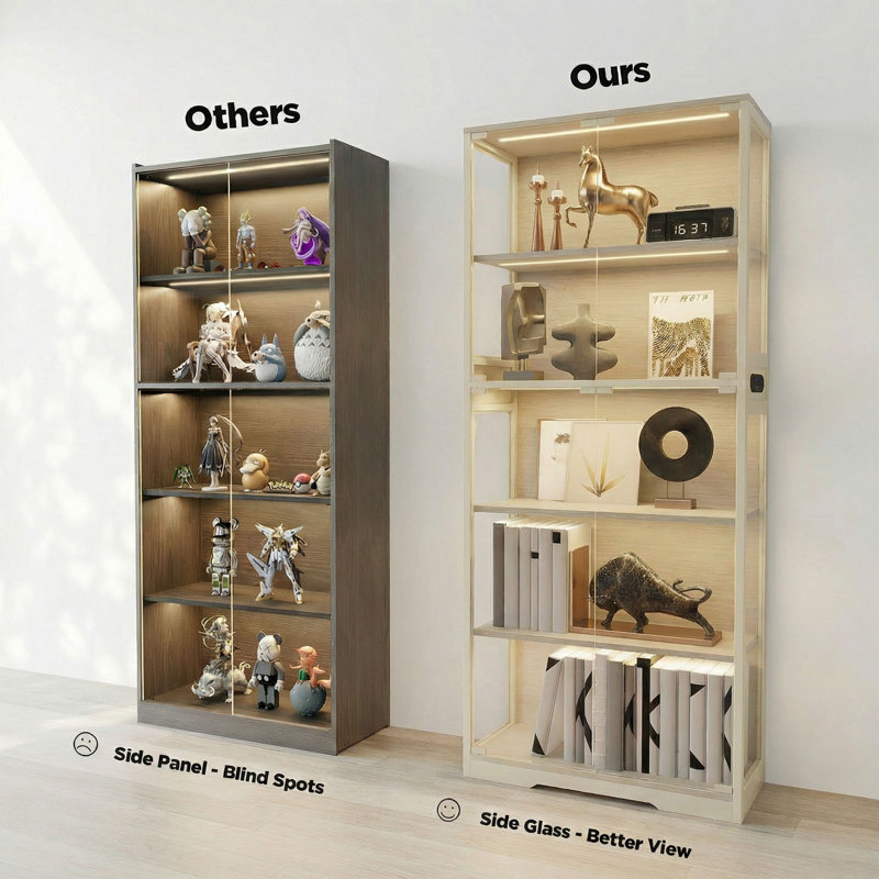 5 Tier Glass Display Cabinet, Curio Cabinet, Dining Cabinet, Bookcase With Adjustable LED Lights, Human Sensor, Light Wood