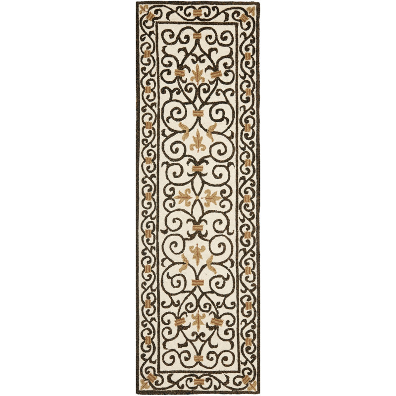 Tapis ivoire / brun foncé en laine crocheté à la main Helena, Tapis de couloir 2 pi 6 po x 8 pi