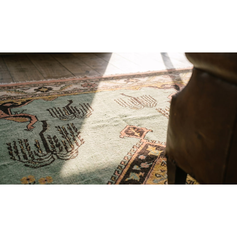 Tapis vert antique en coton vert à motif paon
