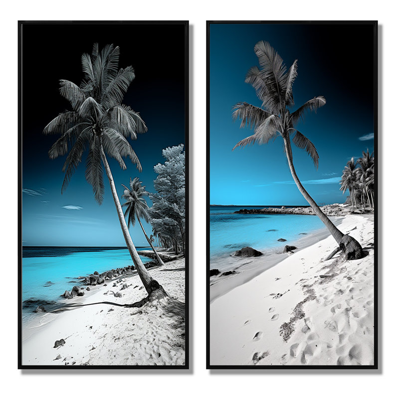 «Turquoise and Gray Monochome Beach Photo», 2 pièces, Cadre noir, H 40 po x l 40 po