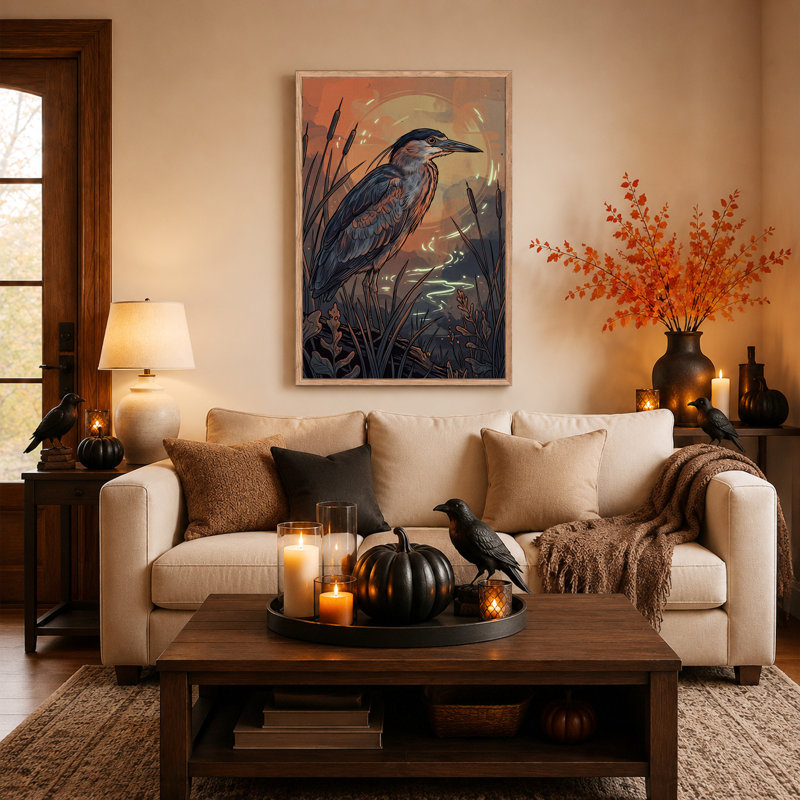 Héron se tenant parmi les quenouilles au coucher du soleil - Toile murale d'Halloween, 48"H x 32"W