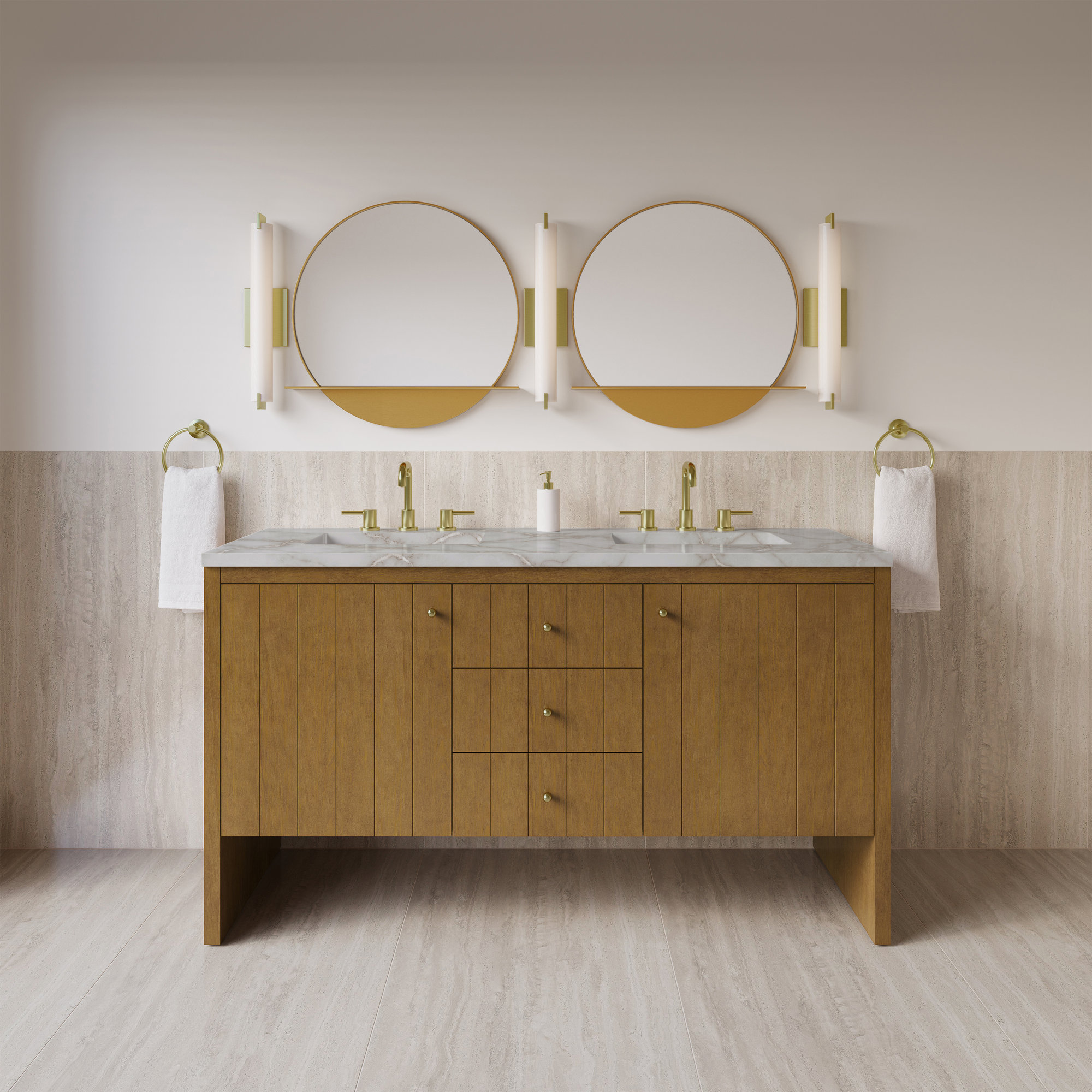 Hudson 60'' Double Bathroom Vanity, 8" Widespread, Victorian Silver, Honey Brown