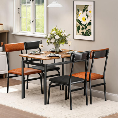 Ensemble table et chaises 5 pièces pour 4 personnes, gain de place - Plateau en bois brun moderne, structure en métal, 4 chaises rembourrées en polyuréthane - Montage facile, idéal pour la cuisine et la salle à manger - 2 chaises marron + 2 chaises noires
