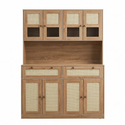 Grande armoire de rangement beige avec prise de courant pour huche de cuisine avec comptoir et tiroirs pour l'organisation de la salle à manger