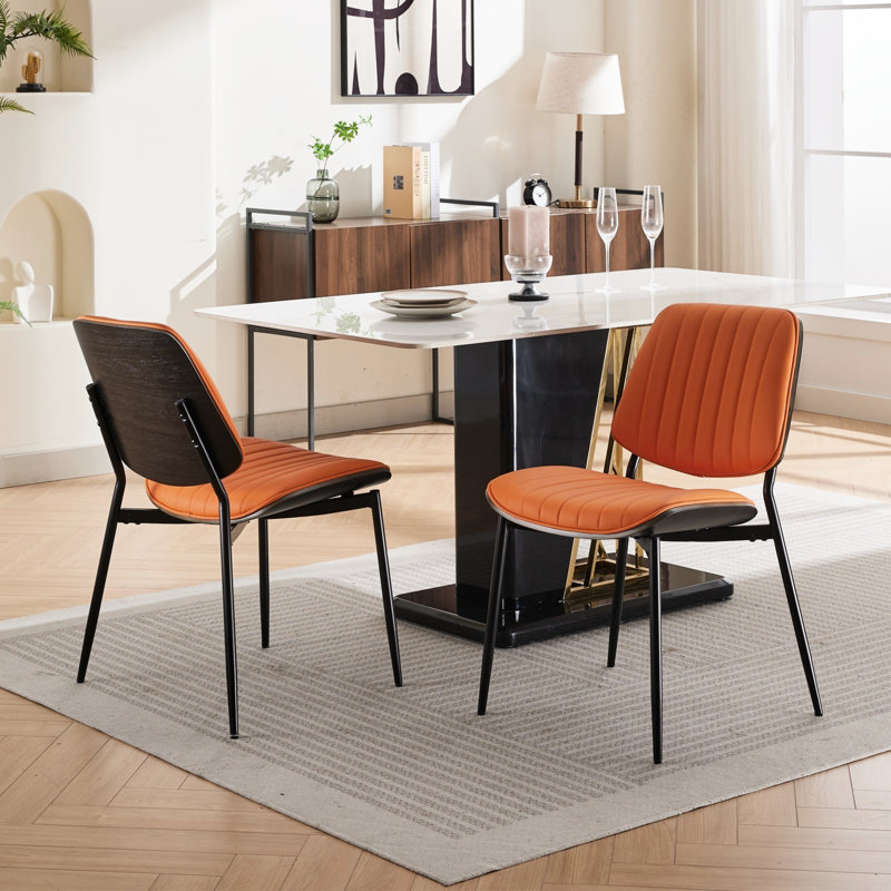 Furniture, Dining Chairs Set of 2 Mid Century Modern Retro Faux Leather Chair with Walnut Bentwood Back Upholstered Seat Metal Legs Adjustable Foot for Kitchen Dining Room Chairs(Orange  PU)