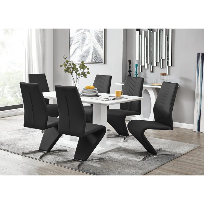 Eubanks High Gloss Double Pillar Dining Table Set with 6 Luxury Faux Leather Dining Chairs, Black