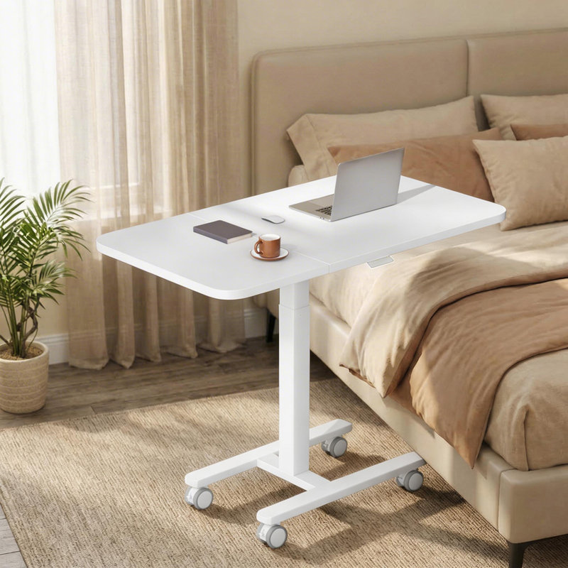 Table de bout pneumatique en forme de C à hauteur réglable avec rallonge pliable et roulettes verrouillables, Blanc