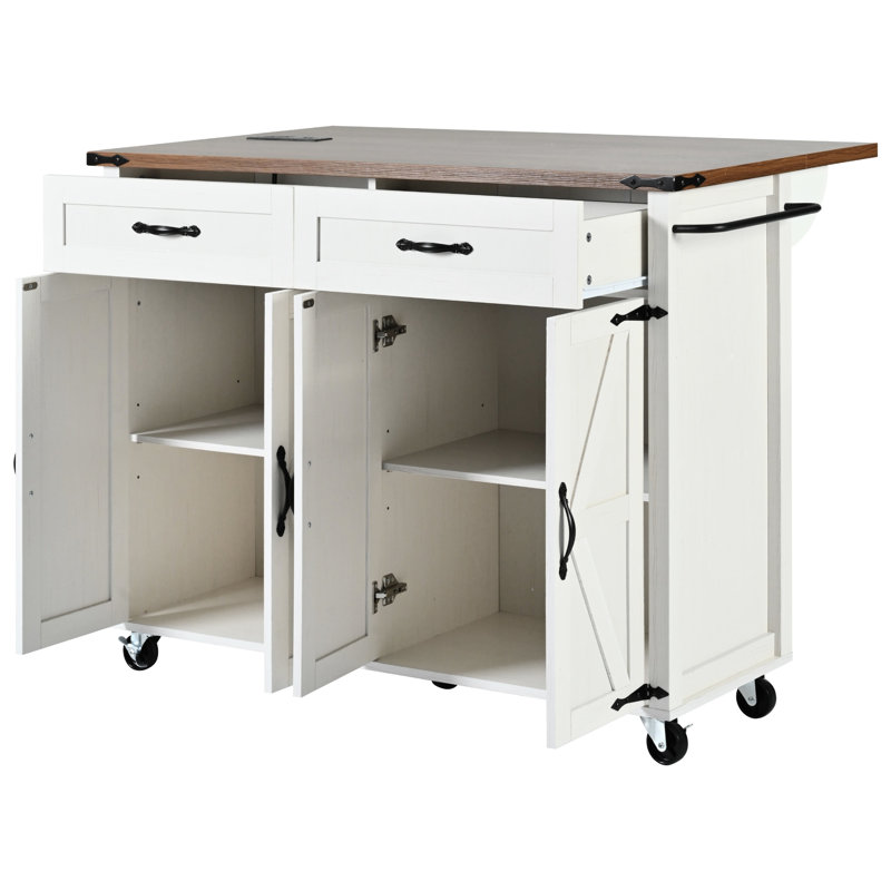53.5'' X 28.54'' 36.5'' Kitchen Island With Power Supply And Metal Handle, White Cabinet Brown Countertop 53.5" Style Outlet Drop Leaf, Countertop, Rolling Cart Storage For Dining Room